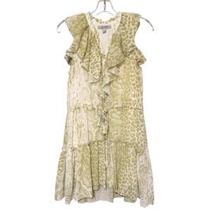 AllSaints Ali Noche Snake Print Ruffle Tie Waist Dress Green White Size 0